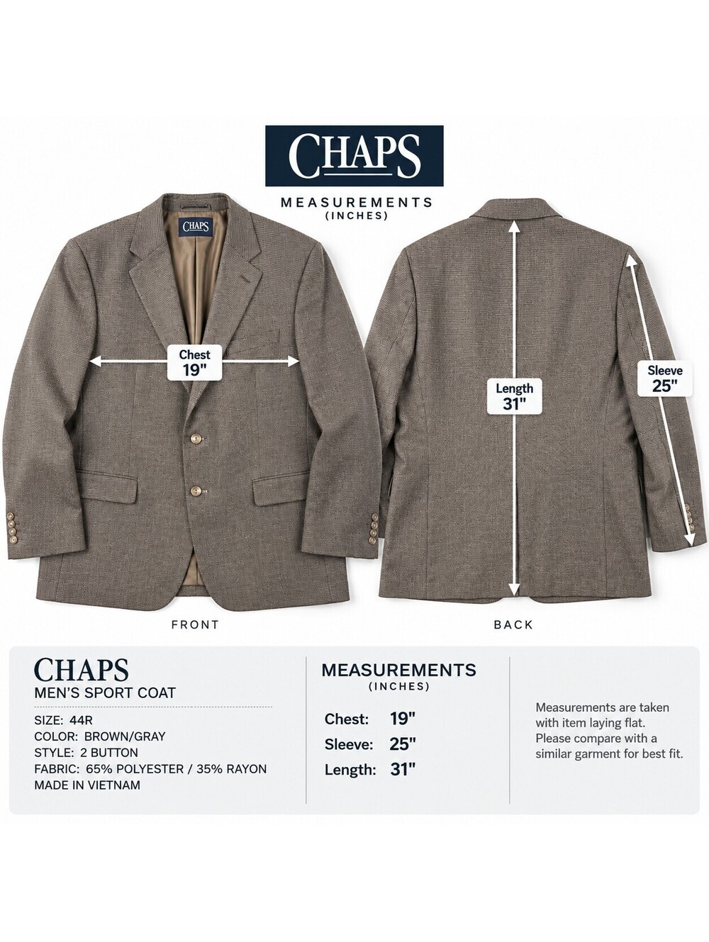 CHAPS Men's 44R Herringbone Blazer Sport Coat Brown Gray 2 Button Preppy Fall - Picture 8 of 9